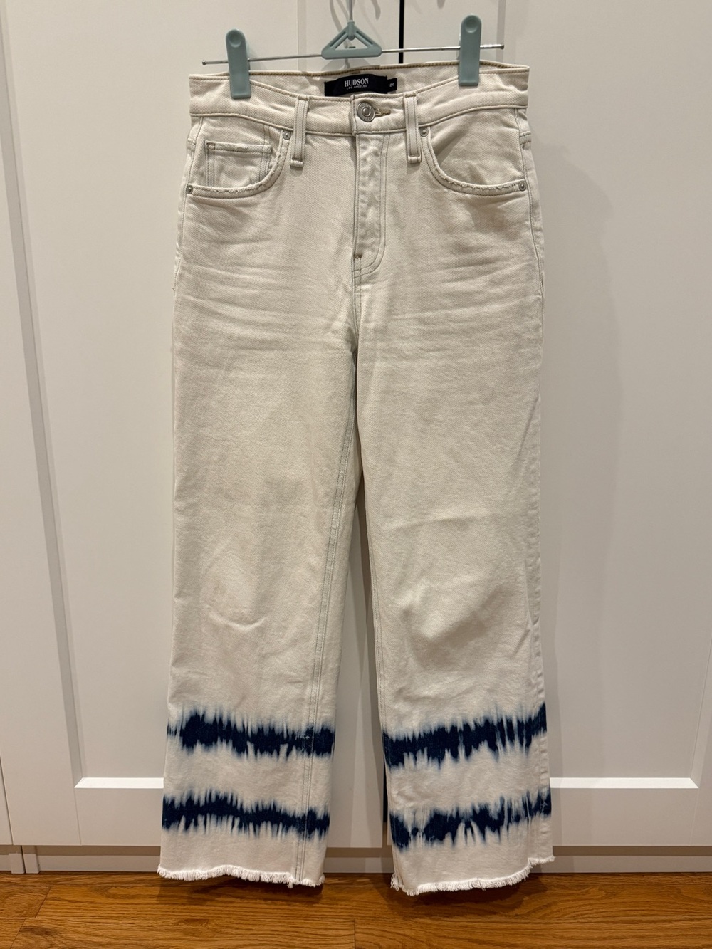Hudson Jeans White Wide Leg Jeans with Navy Tie-Dye Hem